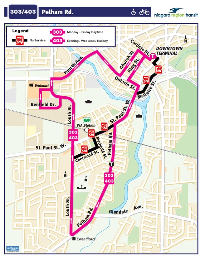 Map showing St. Paul St West detour for Routes 303 and 403